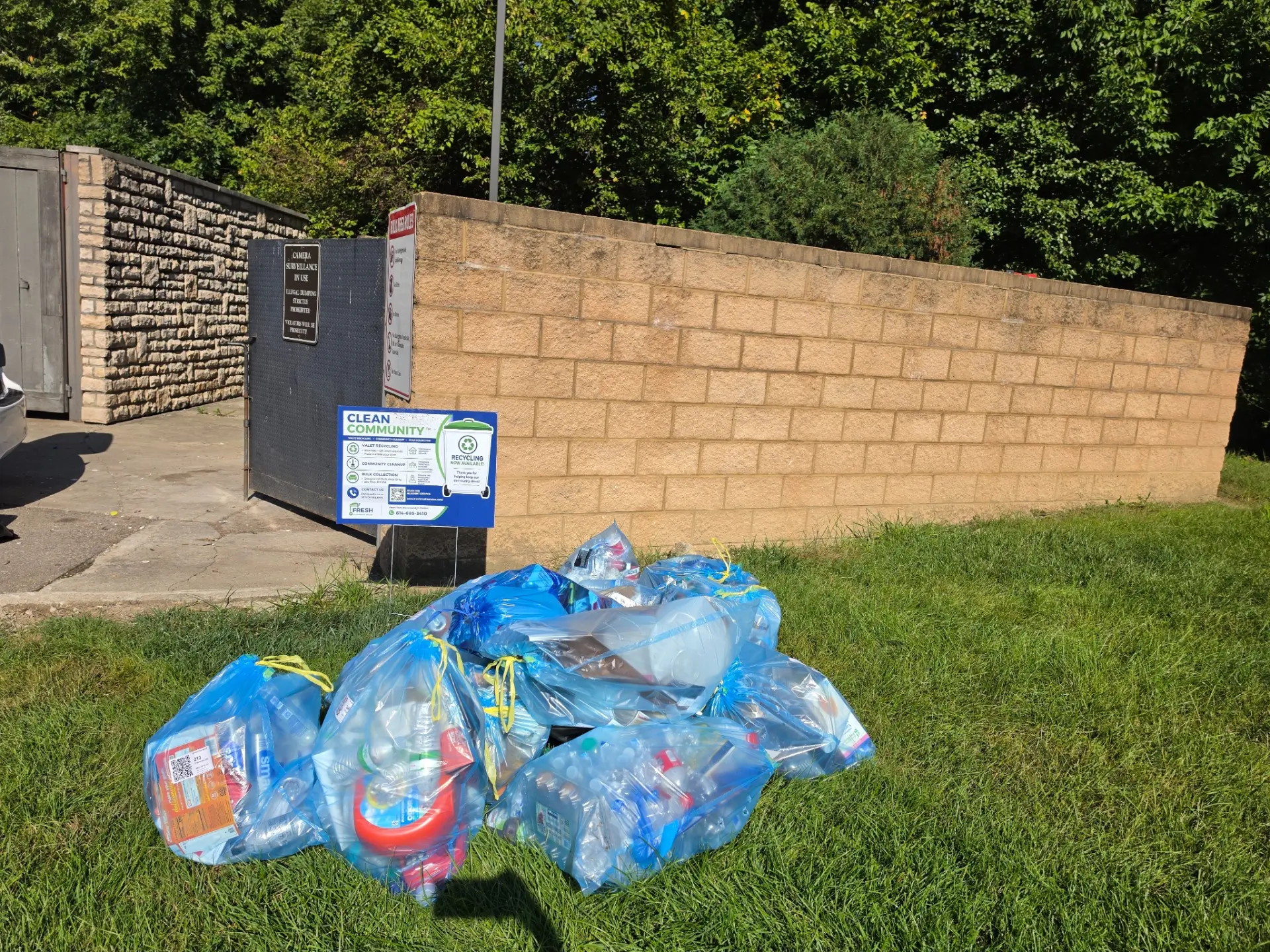 Blue recycling bags collected at Waggoner Park during the first Clean Community recycling collection