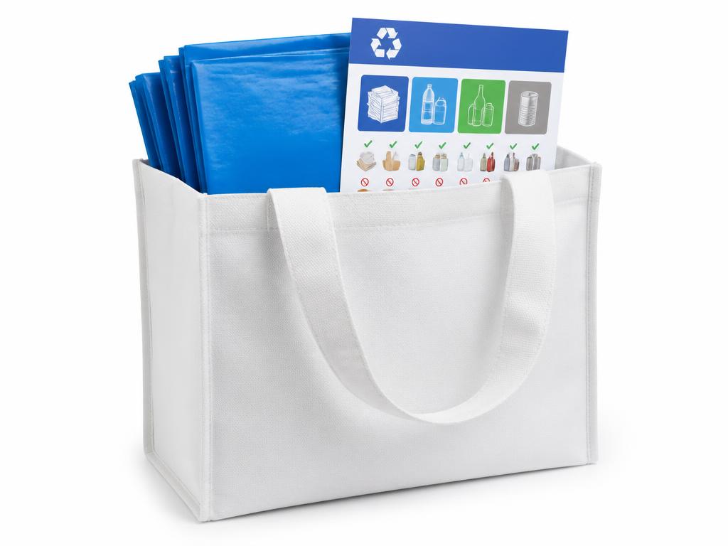 White SWACO reusable recycling tote holding blue recycling bags and a resident recycling guide